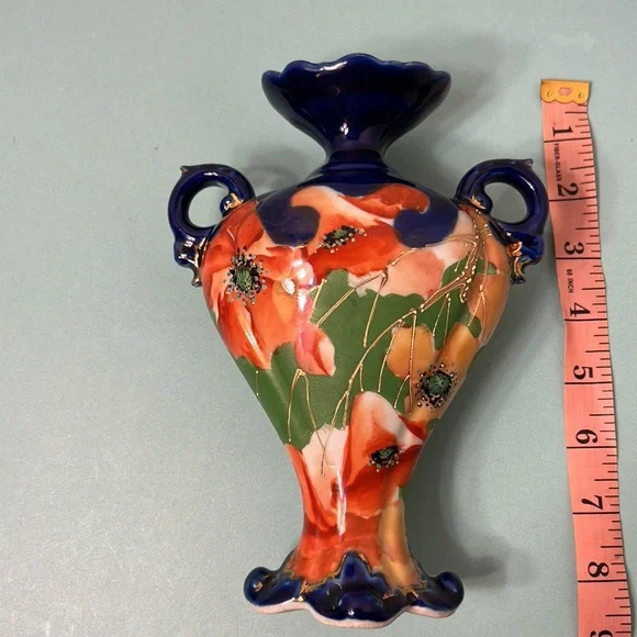 Asian Porcelain Hand Painted Cobalt Blue Vase w/Flowers & Foliage Motif - Picture 3 of 5